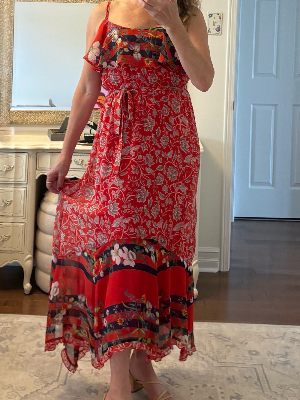 Anthropologie Red Floral Maxi Dress with Border Detail